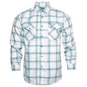 NWT Dixxon Whistler White & Blue Plaid Pearl Snap Flannel Shirt